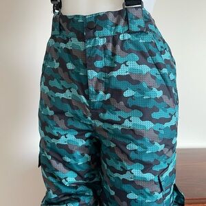 Kids Teal Camo Snow Pants with Adjustable Suspenders